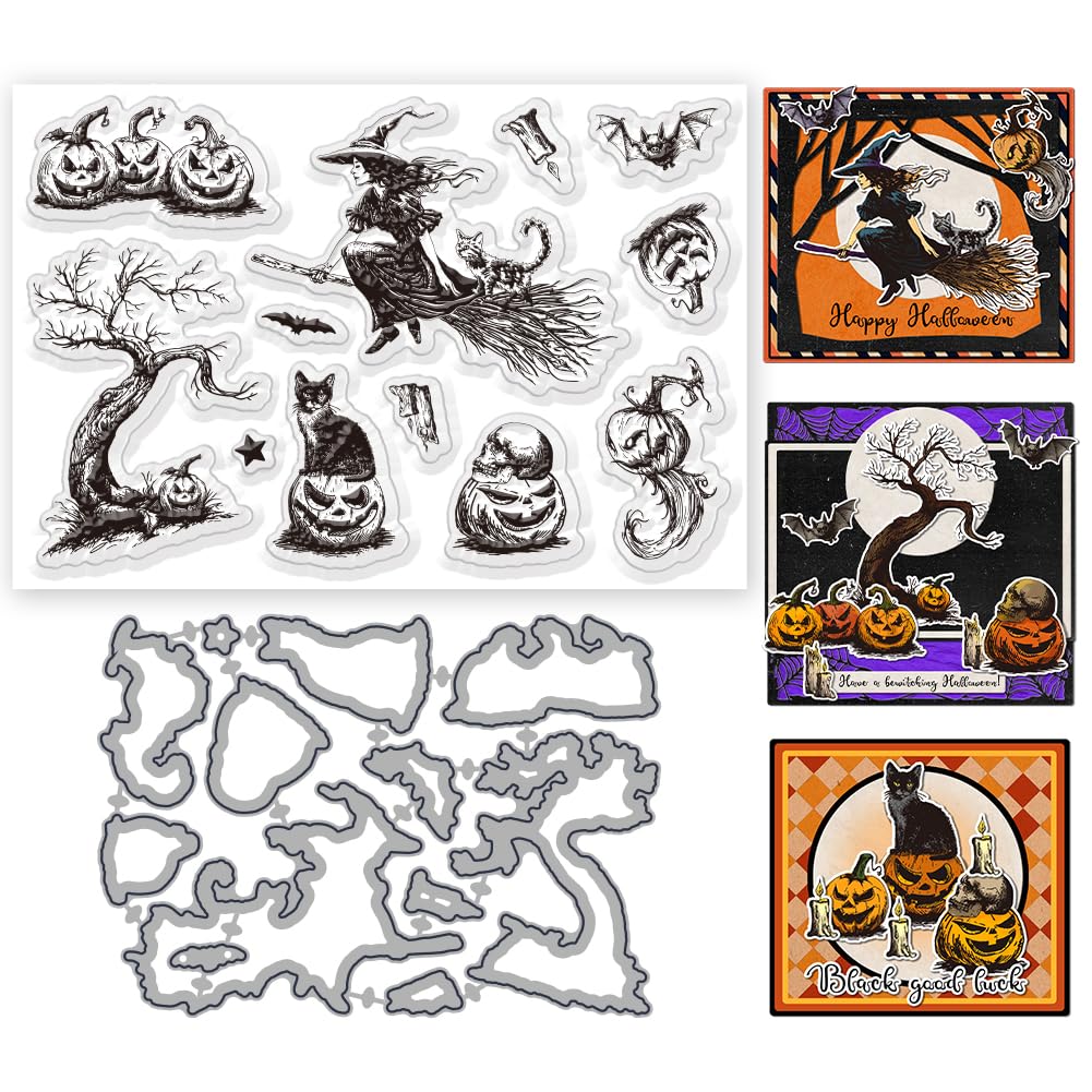 INFUNLY 20Pcs Witch Clear Stamps and Die Cuts for Card Making Reusable Pumpkin Cutting Die and Clear Stamp Set Black Cat Metal Cutting Die Halloween Bat Rubber Stamps for DIY Scrapbooking Paper Decor
