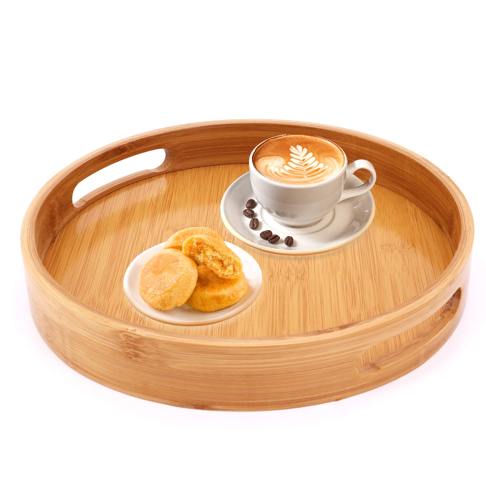 Bamboo Serving Tray, Round Serving Tray with Handles, Breakfast Dinner Tray Serving Platters for Coffee Wine Coffee Tea Fruit Meals (Small-25x25cm)