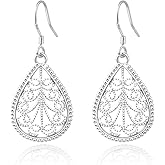 Elaximn 925 Sterling Silver Teardrop Dangle Earrings for Women, Hypoallergenic Silver Filigree Drop Dangle Earrings Lightweight Celtic Jewelry Gifts for Weddings, Sensitive Ears