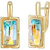 EVEVIC Austrian Crystal Leverback Earrings for Women Baguette Crystal Drop Earrings 14K Rose Gold Plated Hypoallergenic Jewelry Gift