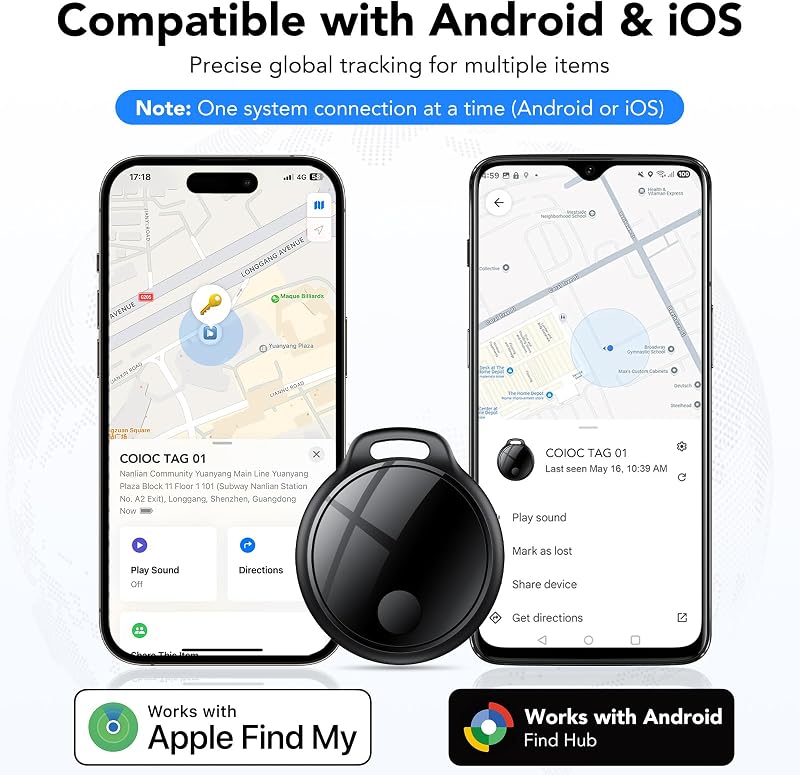Smart Tag 4 Unidades para Android e iOS, Bluetooth Tracker para Llaves, Maletas, Cartera, Mochila y Bolso, Tracker Tag 120 dB, Red de Búsqueda Global, Compartición Familiar, IP67, Sin Suscripción
