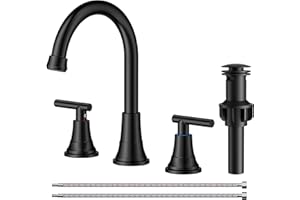 FORIOUS Black Bathroom Faucet 3 Hole Vanity, 2 Handle 360° Swivel Matte Black 8 Inch Widespread Bathroom Sink Faucet 3 Holes, with 360 Degree Rotating Spout, Pop-up Drain, Supply Lines