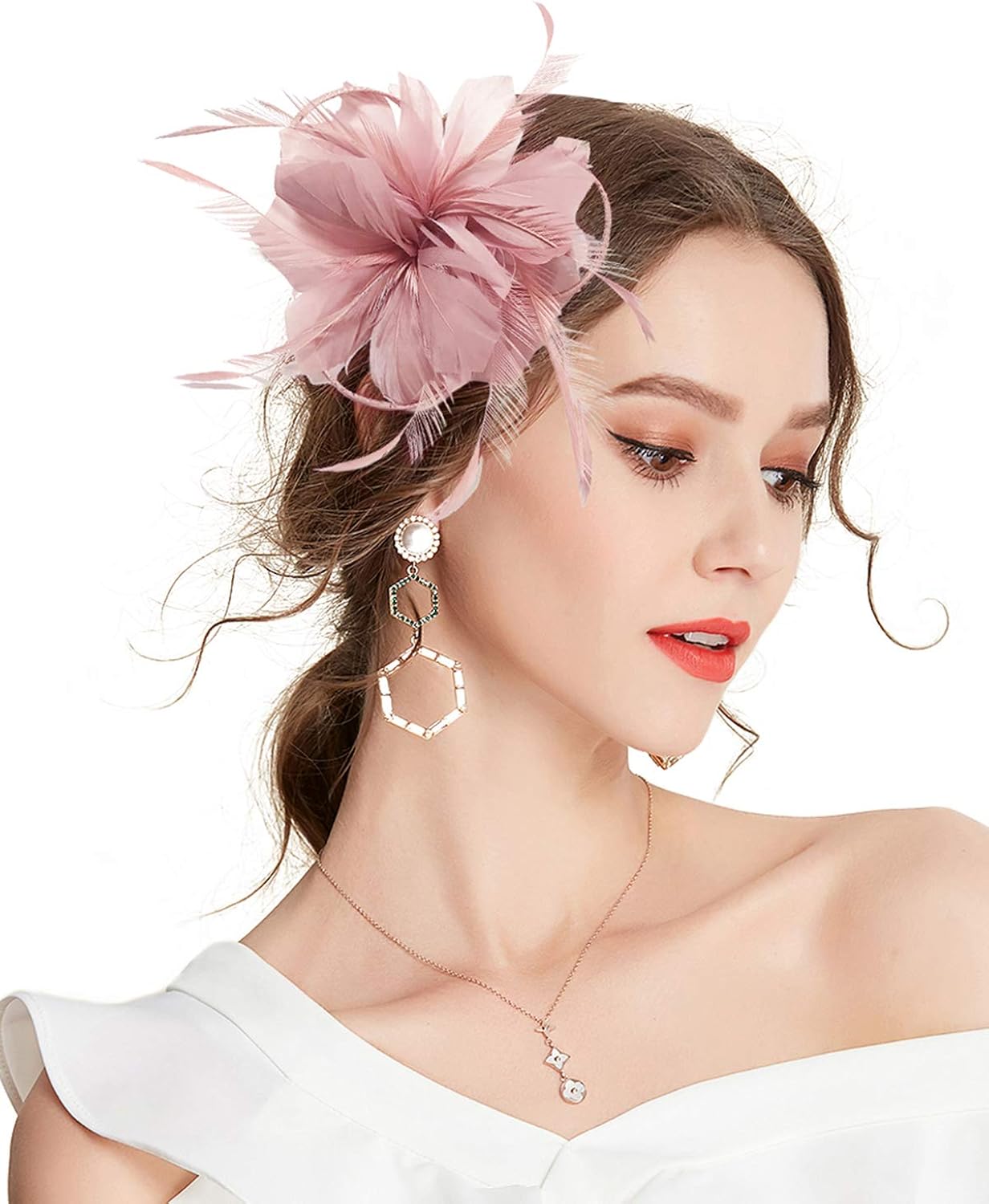 Z&X Women's Sinamay Fascinator Headband Clip Mesh Flower Feather Cocktail Pillbox Hat, D- Nude Pink, One Size