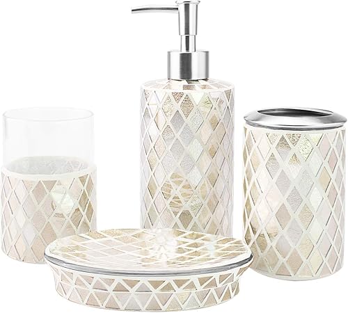 4 Piece Housewares Glass Mosaic Bathroom Accessory Set Durable Bath Organizer Includes Soap Dispenser Pump Toothbrush Holder Tumbler Soap Dish Sanitary High Class Home Decor Gift Gold Amazon Co Uk Kitchen Home
