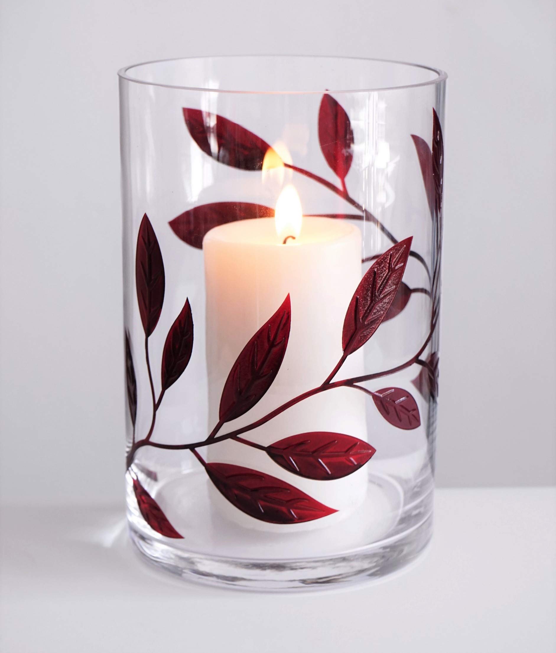 Decorative Hurricane Candleholder with Etched, Painted Leaves - Elegant Home Wedding Decor Ornament - Mouth Blown Thick Glass - Gift Box - 22 cm (8.7 in) (Red)