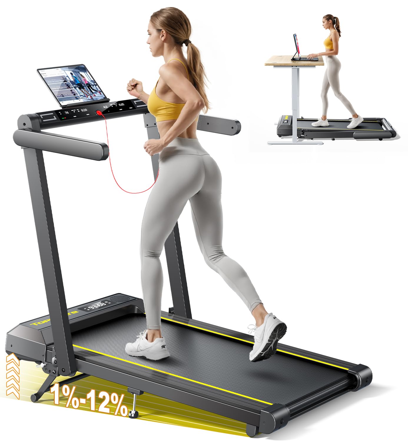 Walking Pad Treadmill with 12% Incline and Handle Bar, 4 in 1 Folding Treadmill for Home/Office, Under Desk Treadmills Portable Walking Pad with App & Bluetooth Speaker, 0.6-10MPH Image