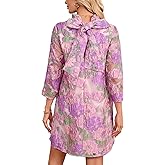 Women's Floral Jacquard Shift Dress Mini 3/4 Sleeve Ruffle Collar Bow Tie Elegant Cocktail Party Sheer Mesh Dresses