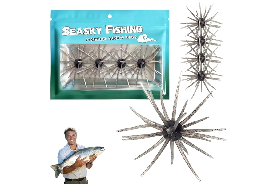 4Pcs Dice Bait, Floating TPR Swimbait with Reflective Stars,Tentacle Creature Lure, Sea Urchin Style Soft Plastic Baits, for Bass Fishing Drop Shot, Wacky Rig/Neko Rig and Finesse, Slow Sinking