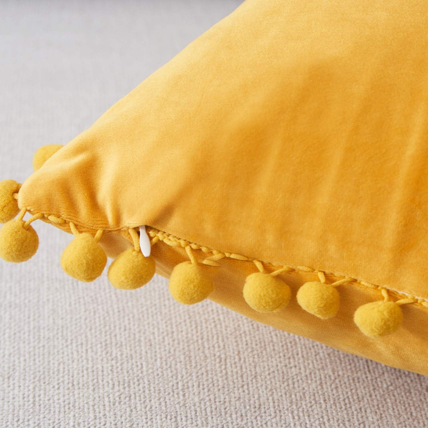Top Finel Decorative Throw Pillow Covers with Pom Poms Soft Particles Velvet Solid Cushion Covers 20 X 20 for Couch Bedroom Car, Pack of 2, Mustard Yellow: Home & Kitchen