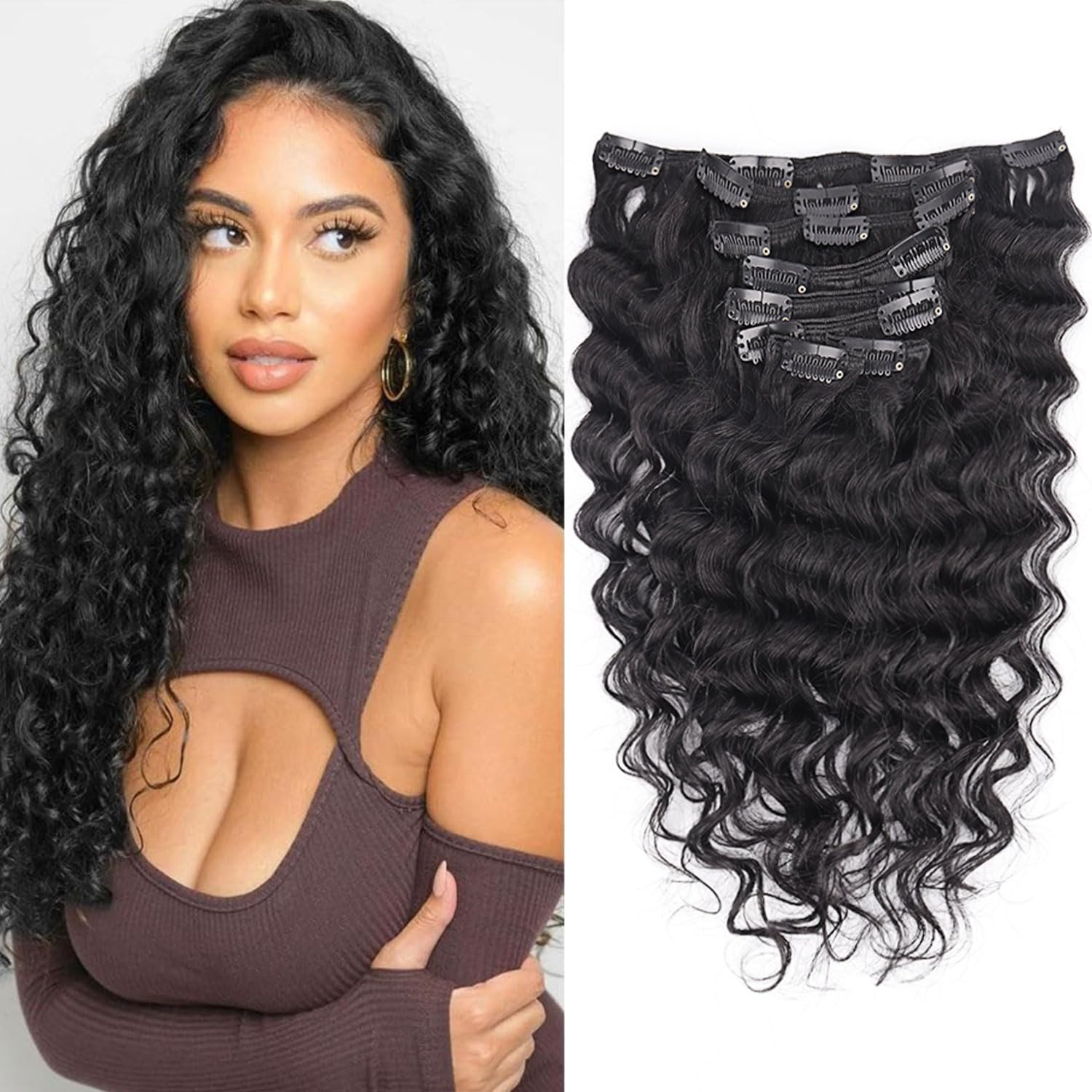 Wepwcod Deep Curly Hair Extensions Clip in Hair Extensions Real Human Hair 8Pcs With 18 Clips Clip in Hair Extensions for Women Deep Curly Clip ins Soft & Natural 120g (Natural Black-Deep, 18 inch)