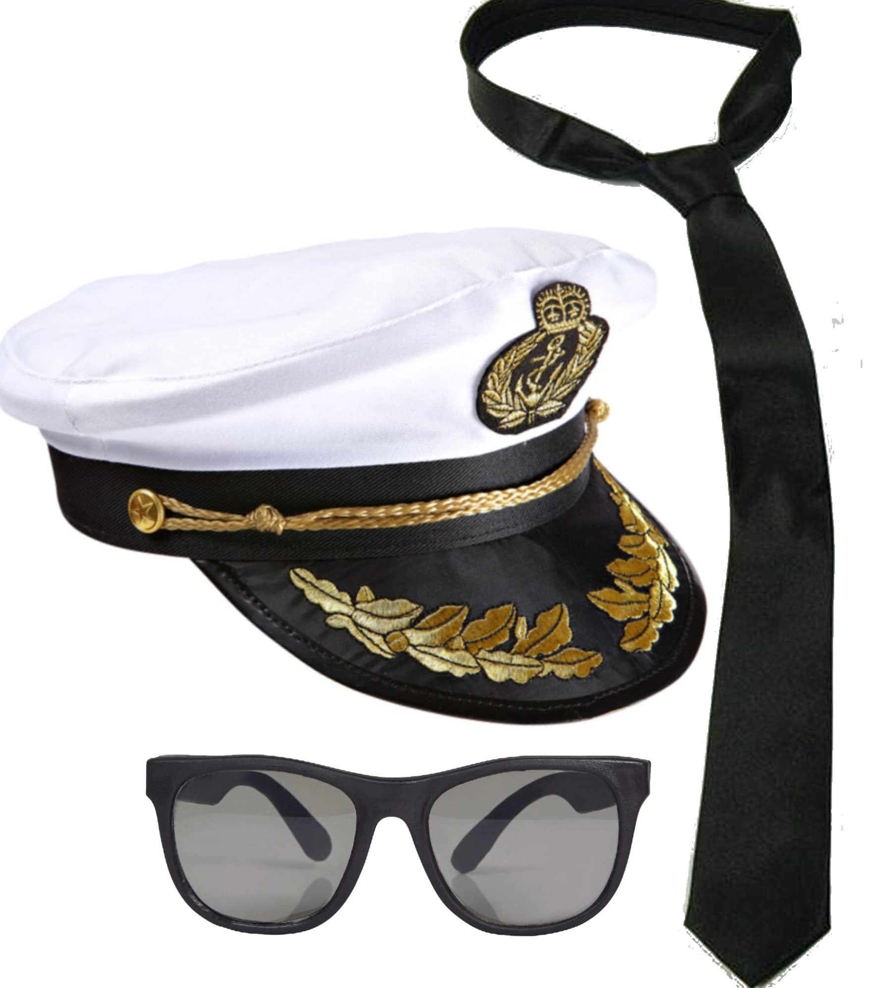 Dreamzfit - Adult Men's Yacht Captain Boat Sailor Ship Skipper CAP, TIE & SUNGLASSES - Navy Marine Army Military Hen/Stag Party Fancy Dress Costume Set