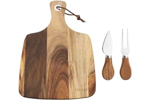 Hecef Cheese Board Set of 3 - Acacia Wood Plate With Knife and Fork - Perfect Platter Slate Serving Board (With 2 Knives)