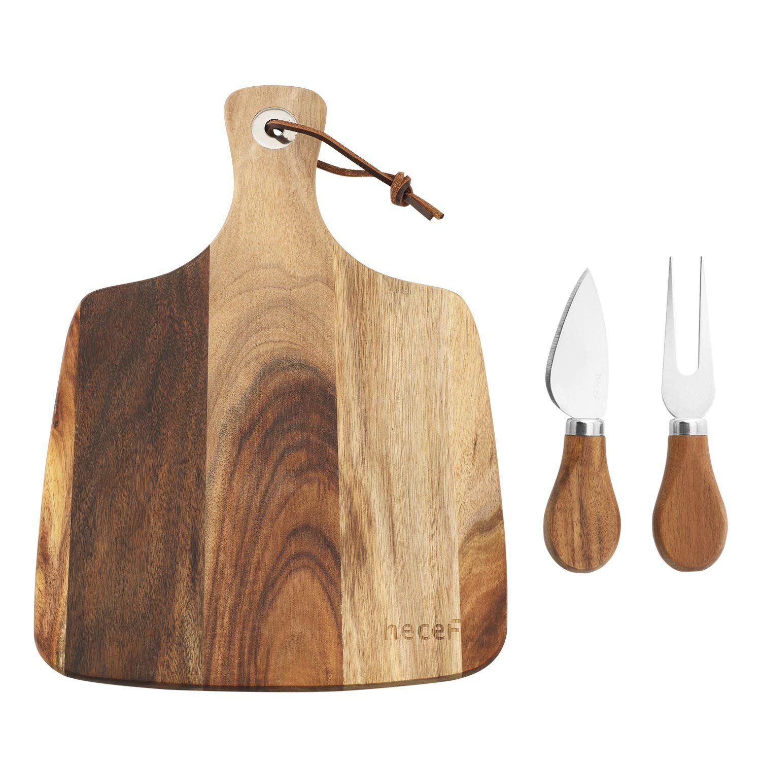 Photo 1 of hecef Cheese Board set of 3,a Acacia Wood Cheese Plate, a Knife, a Fork, Charcuterie Board Platter Slate Serving Set(Cheese board with 2 knives)