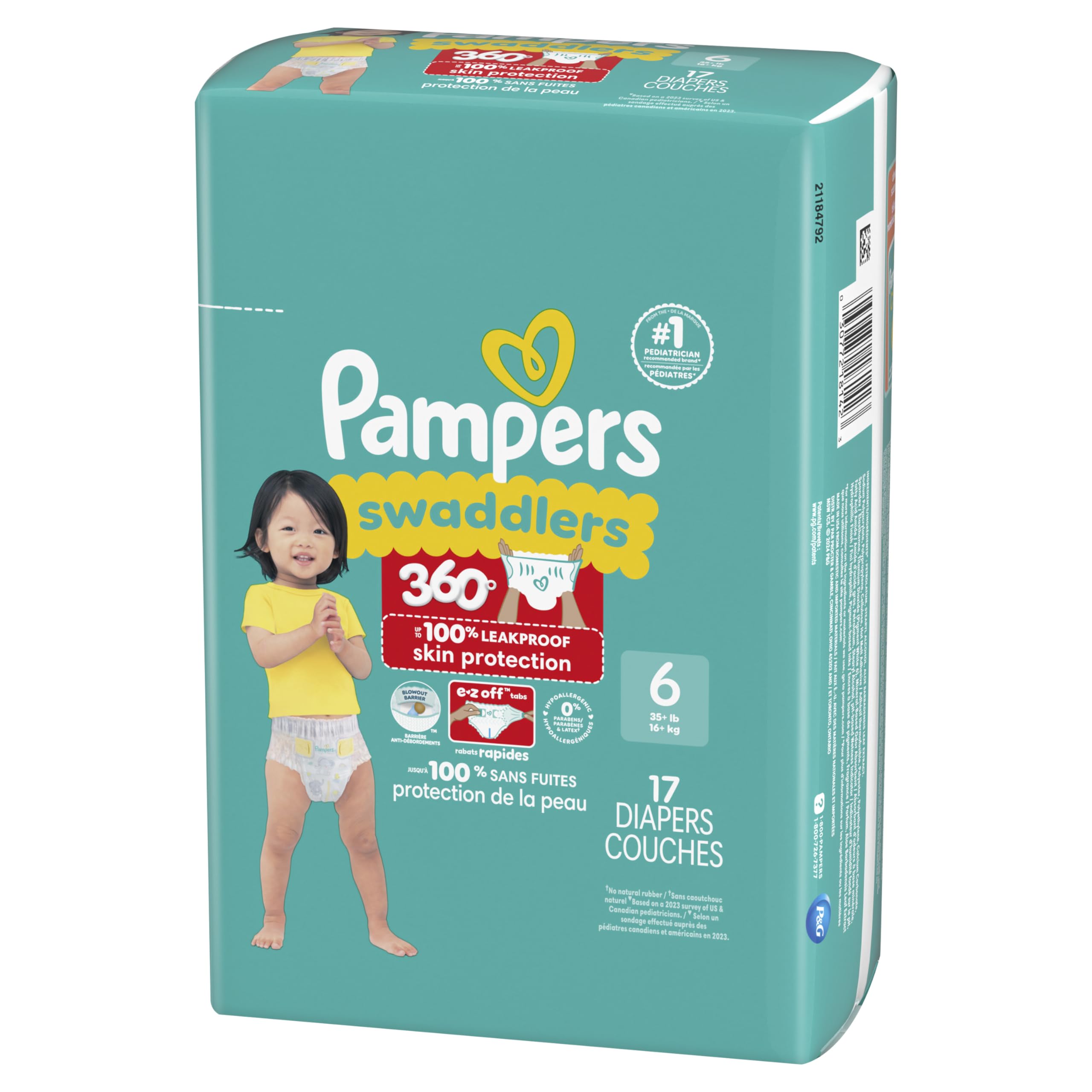 Pampers Diapers - Swaddlers 360 - Size 6, 17 Count, for up to 100% Leakproof Premium Skin Protection (Packaging May Vary)