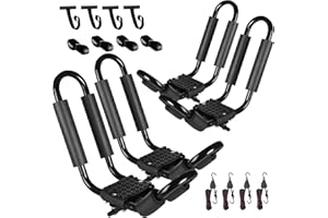 FORWODE Heavy Duty Kayak Roof Rack, 2 Pair J-Bar Kayak Rack with 4 Ratchet Tie, 4 S-Hook Ratchet Straps, 4 Anchor Belts for Kayak Canoe Boat Surf Ski on SUV Car Truck Crossbar