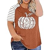 Plus Size Halloween Pumpkin T-Shirt Women Vintage Floral Pumpkin Graphic Tees Casual Short Sleeve Fall Tops Shirts