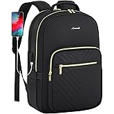LOVEVOOK Leather Backpacks for Women,17.3 inch Leather Laptop Backpack Women Computer Backpack Laptop Bag,Stylish Quilted Travel Backpack Purse Work Bag College Teacher Backpacks with USB Port,Black