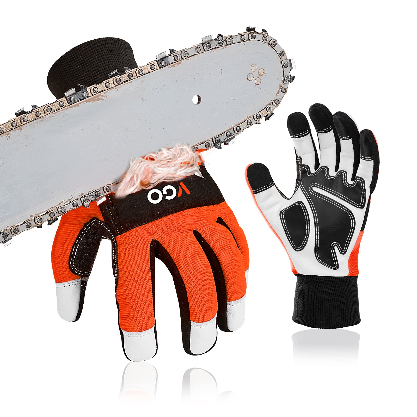 Vgo... Chainsaw Gloves 12-Layer Protection on Both Hands, Safety Foresty Work Gloves with Touchscreen in Goat Leather(M,1 pair)