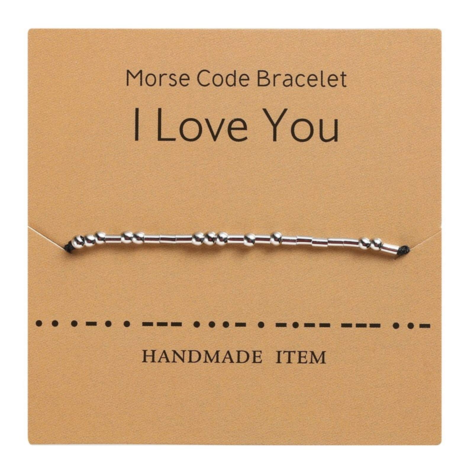 HMOOY Morse Code Bracelet Silver Plated Beads on Silk Cord Friendship Bracelet Secret Message Morris Jewelry for Women Men Gift for Her Him (I Love You)
