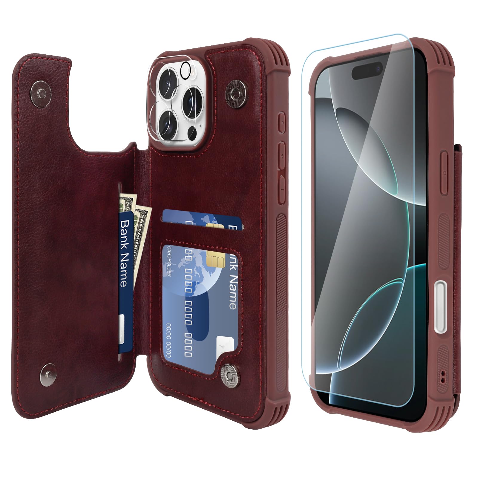 VANAVAGY Compatible for iPhone 16 Pro Wallet Case with Credit Card Holder,Rfid Leather Flip Folio Phone Cover Fits Magnetic Car Mount and Stand with Screen Camera Protector,Burgundy