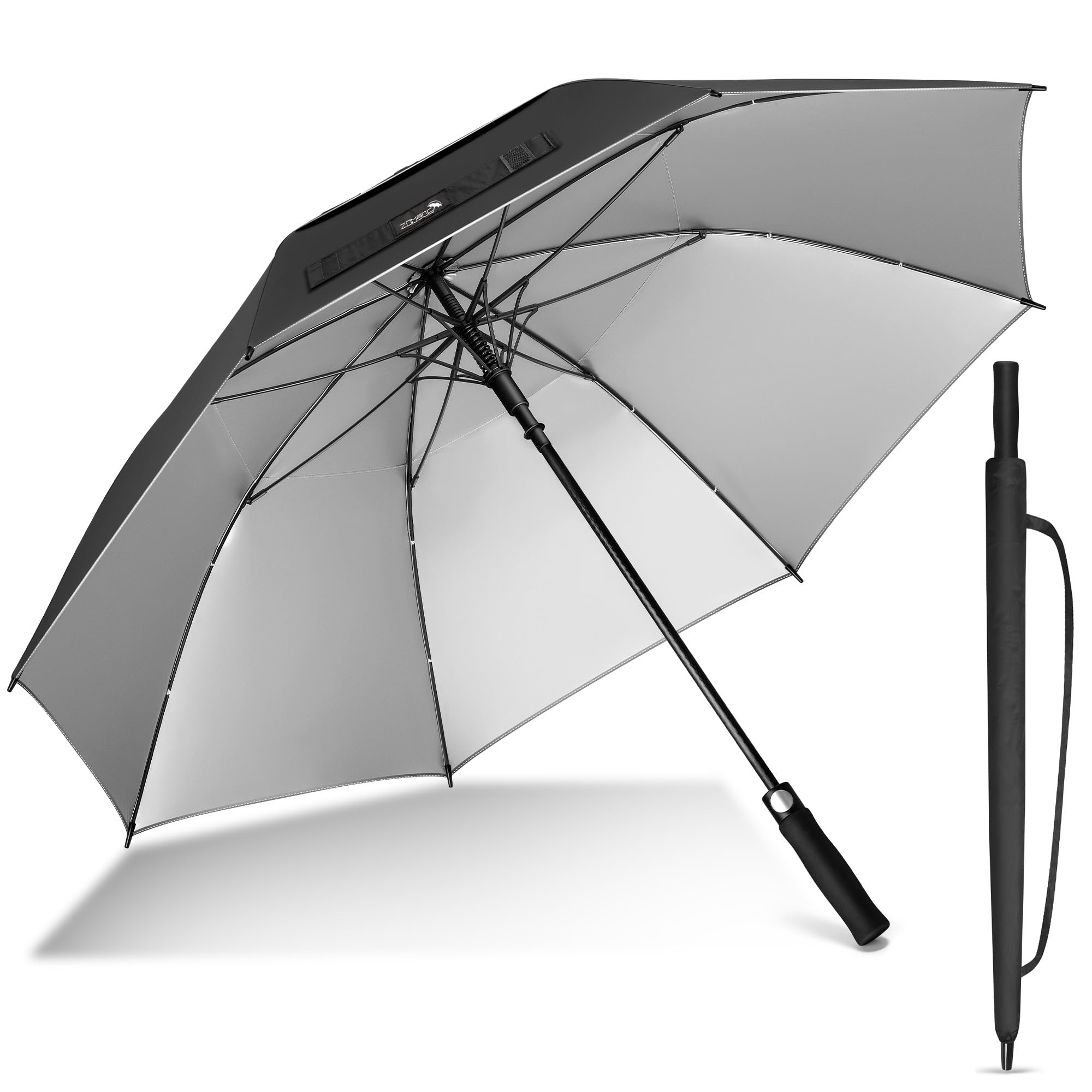 ZOMAKE UV Golf Umbrella for Sun Protection,Large Sun Umbrella Windproof and Rainproof Strong UPF 50+,Reflective Golfing Brolly 62In Unbreakable for Men Women (Black, Silver)