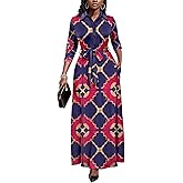 Runwind Women Church Maxi Dresses 3/4 Sleeve Button Down Print Casual Office Dress African