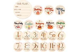 Deorfuy Monthly Baby Milestone Signs, 11PCS Wooden My First Holiday Milestone Cards Newborn Gift, Baby Announcement and Hello World Newborn Sign