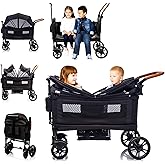 MRZLB Luxury Wagon Stroller for 2 Kids &amp; Cargo-Lightweight Travel Stroller | Foldable Push Pull All-Terrain Double Wagon for 2 Toddlers, 5-Point Harness,Adjustable Handle,Canopy,Tray Table,Cup Holder