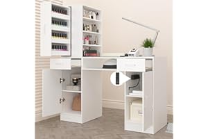NAIYUFA Manicure Table Nail Desk for Nail Tech with Glass Top & Wrist Rest,Nail Desk Station with Power Outlets,Shelves, Storage Cabinets, Drawers,Beauty Salon Workstation(White)