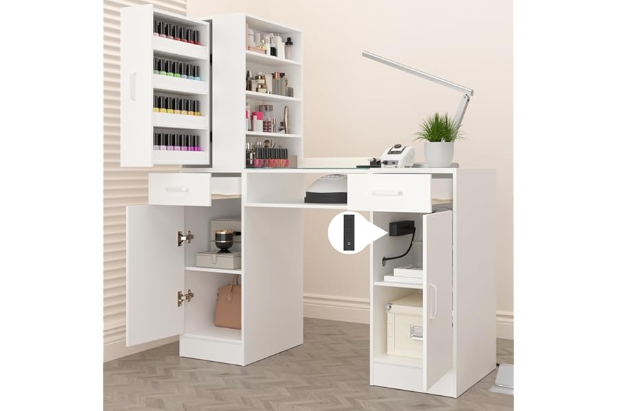NAIYUFA Manicure Table Nail Desk for Nail Tech with Glass Top & Wrist Rest,Nail Desk Station with Power Outlets,Shelves, Storage Cabinets, Drawers,Beauty Salon Workstation(White)