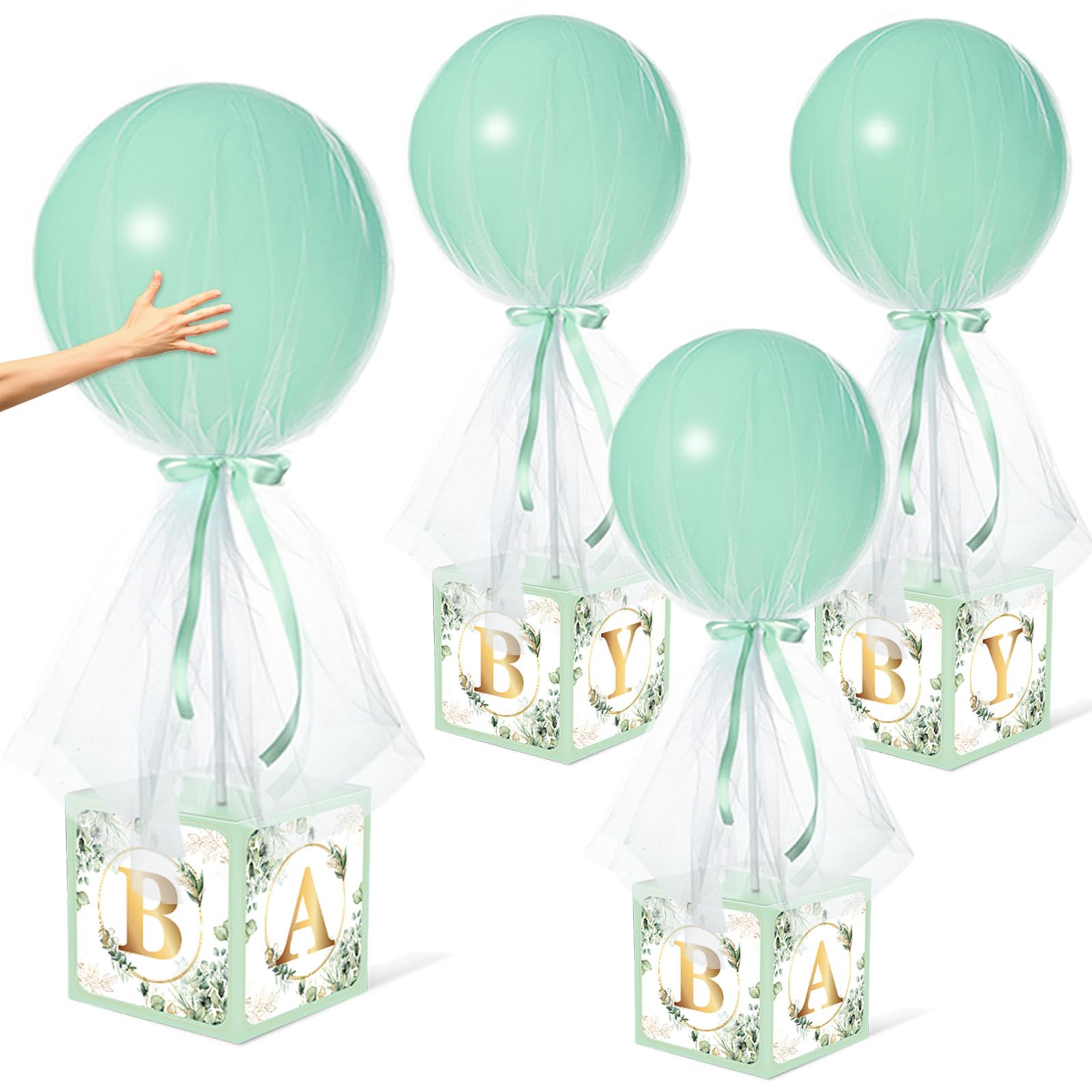 Photo 1 of 4 Set Sage Green Tulle Tutu Balloon with Letter Boxes Baby Shower Table Centerpieces Decor for Gender Reveal 24'' Balloons White Tulle Cover with Stand, Boxes for Girl Boy Wedding Birthday Party