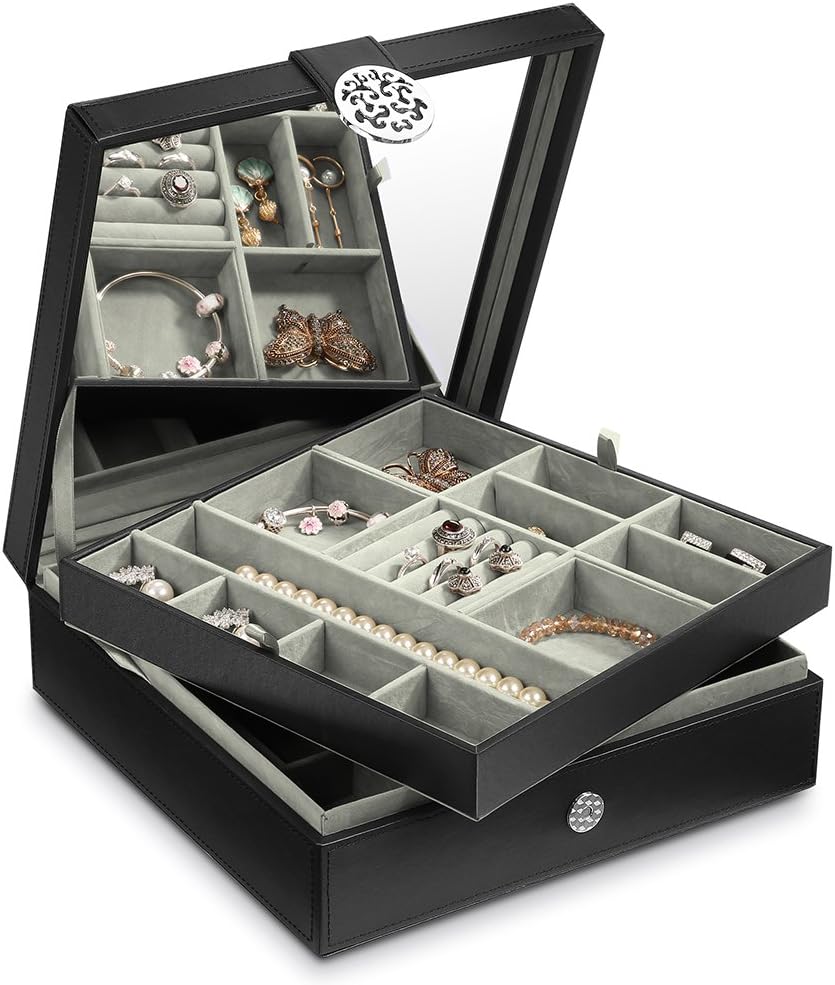 Cozzine Jewelry Organizer Box, 2-Layer 24 Section Storage Box Case with Large Mirror for Women Girls, Holder for Ring Earring Necklace Bracelet(Black)