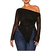 RoseSeek Women's Plus Size Sheer Mesh Off Shoulder Tops Long Sleeve Drawstring Asymmetrical Hem Ruched T Shirt
