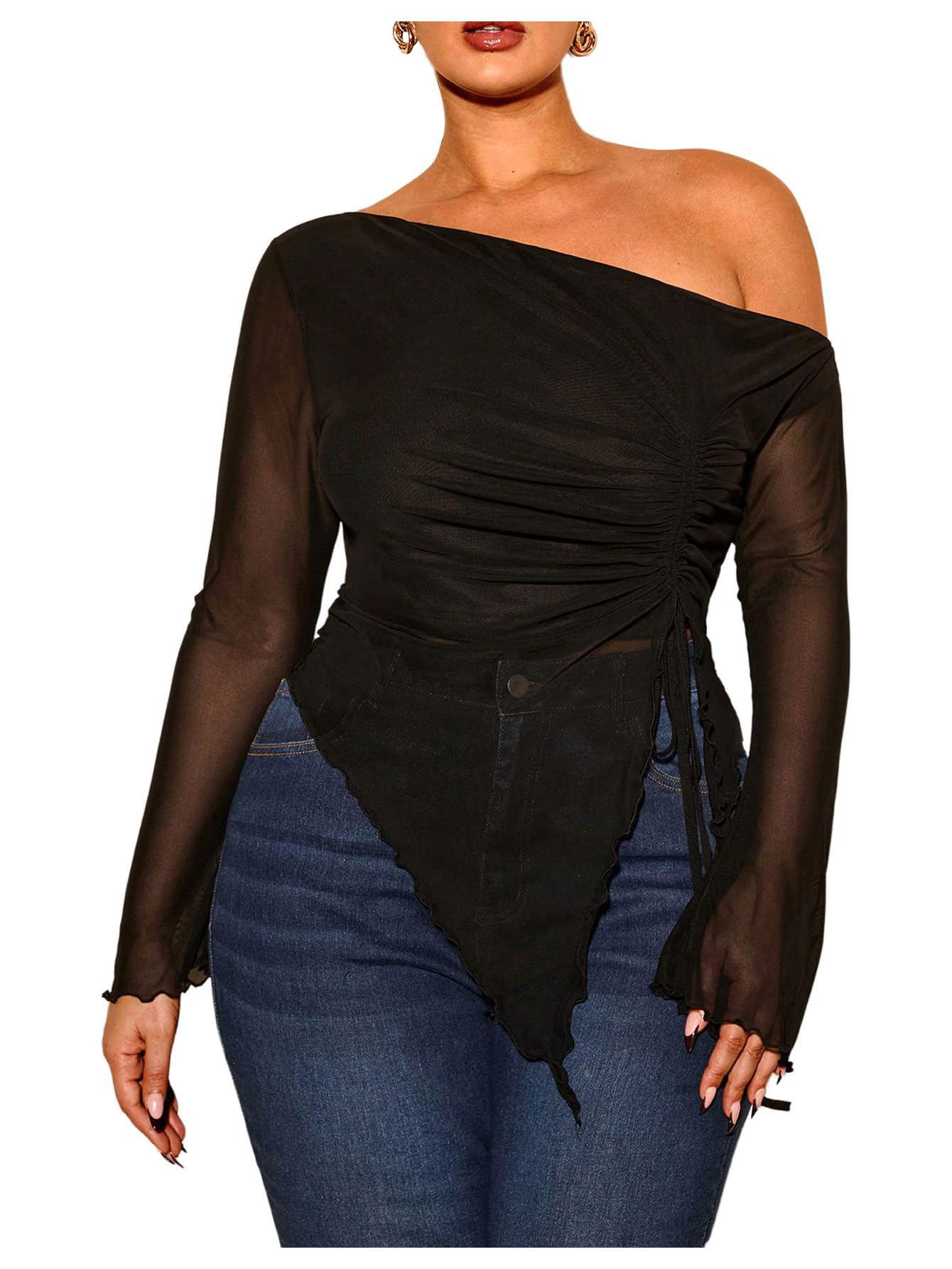 Photo 1 of RoseSeek Women's Plus Size Sheer Mesh Off Shoulder Tops Long Sleeve Drawstring Asymmetrical Hem Ruched T Shirt Black X-Large Plus