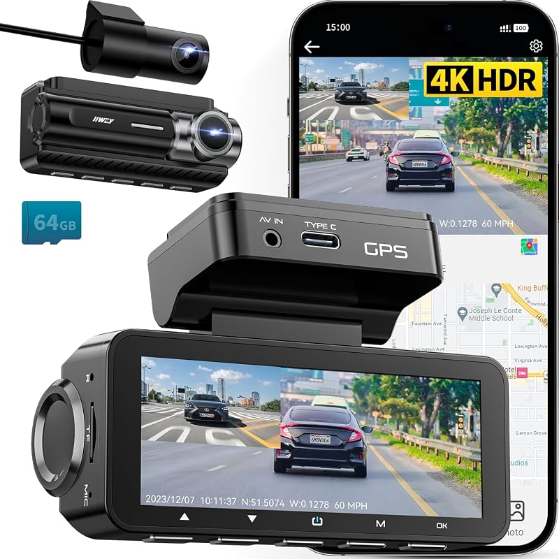 IIWEY D2 Pro Dash Cam 4K Front Rear GPS 5GHz WiFi 64GB Card