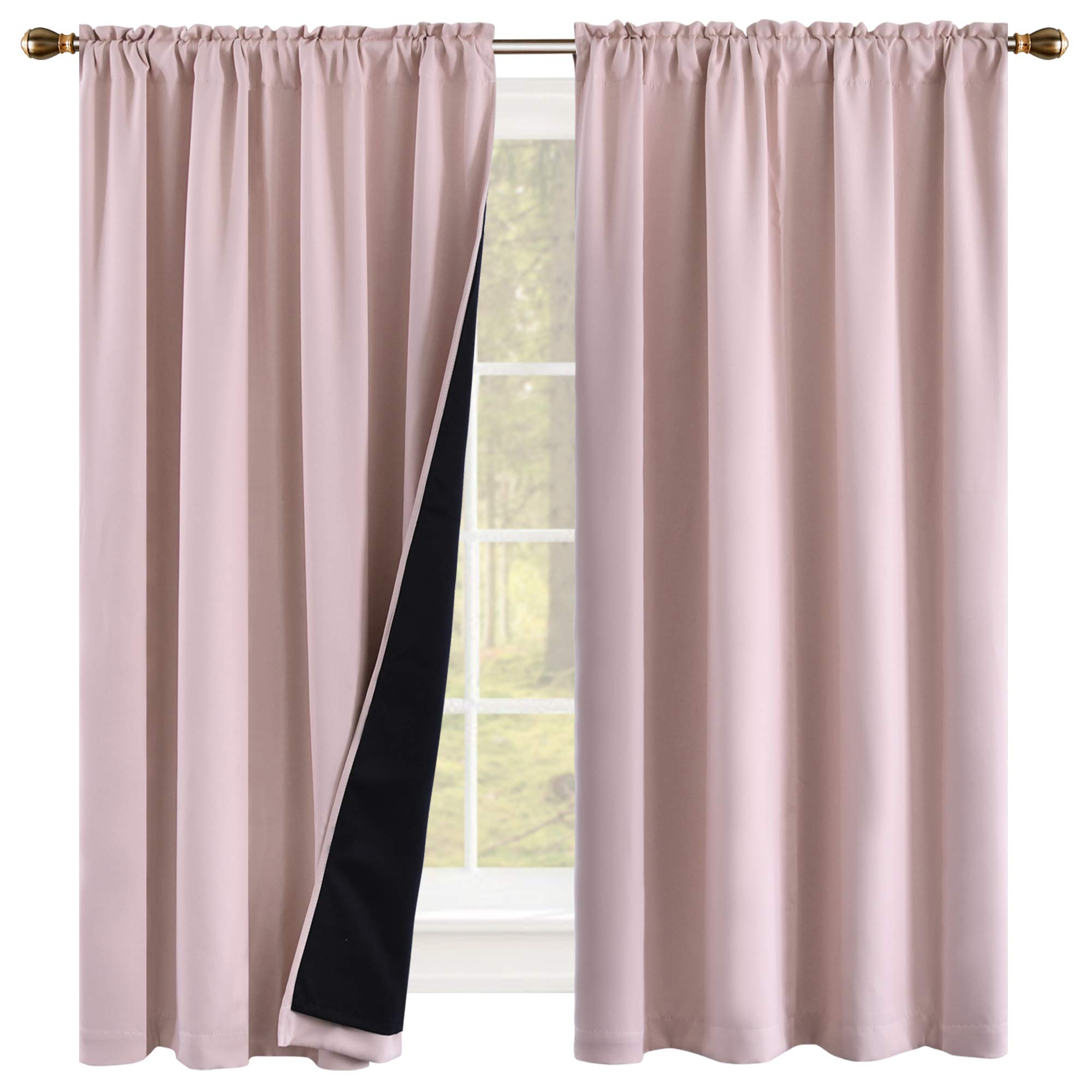KEQIAOSUOCAI 100PCT Blackout Thermal Insulated Noise Blocking Out Rod Pocket Curtains for Bedroom Kids - Full Light Blocking Drapes with Black Liner for Nursery (42 W x 63 L Baby Pink 2 Panels)