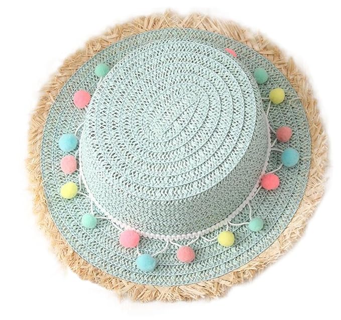 LAAT Kinder Sonnen Hut Bunte Plüsch Ball Stroh Hut Strand Cap Baby Mädchen Sonnenschutz Flach Kappe Outdoor Reise Cap 50-52cm