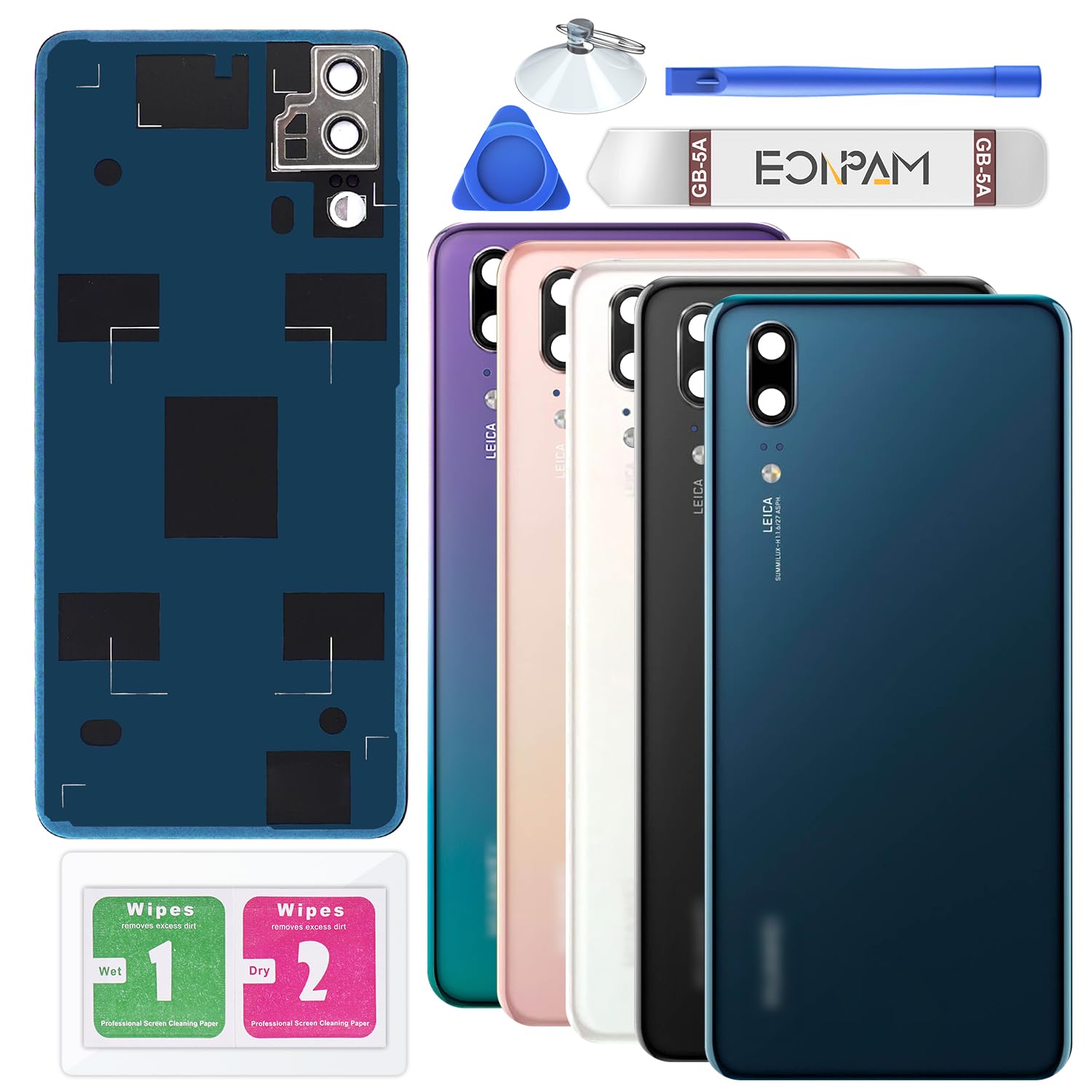 Eonpam Back Cover Glass for Huawei P20 Rear Glass Replacement with Camera Lens + Repair Kit Genuine Rear Housing (Blue)