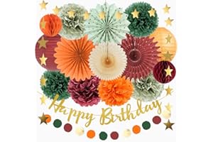 FETETIJD Orange Burgundy Sage Green Birthday Decorations Colorful Fall Birthday Party Decorations Boho Autumn Orange Burgundy Sage Green Pom Poms Fans for Girls Women with Banner Gold