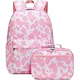 JIANYA Girls Backpack for School, Kids Elementary School Backpacks Water Resistant Pink Cow Print Backpack for Girls with Lunch Box