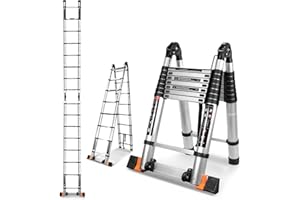 SINMEIRUN Telescoping Ladder A-Frame,16.5FT Multi-Purpose Extension Ladder with Stengthened Joint Stabilizer Bar,Portable Ladder with Wheels for Indoor Outdoor 330lbs Capacity