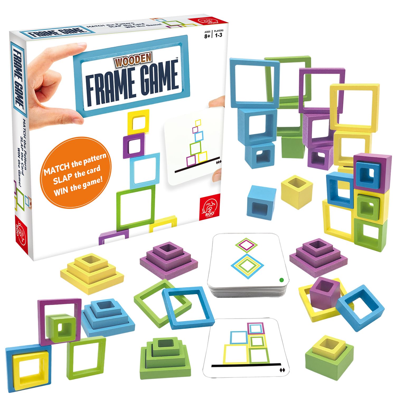 Roo Games Frame Game - Beautiful All Wooden Design, Montessori Inspired, Safe & Durable, Water-based Paints - Perfect Board Games for Adults, Family Games, Family Card Games - Ages 8+