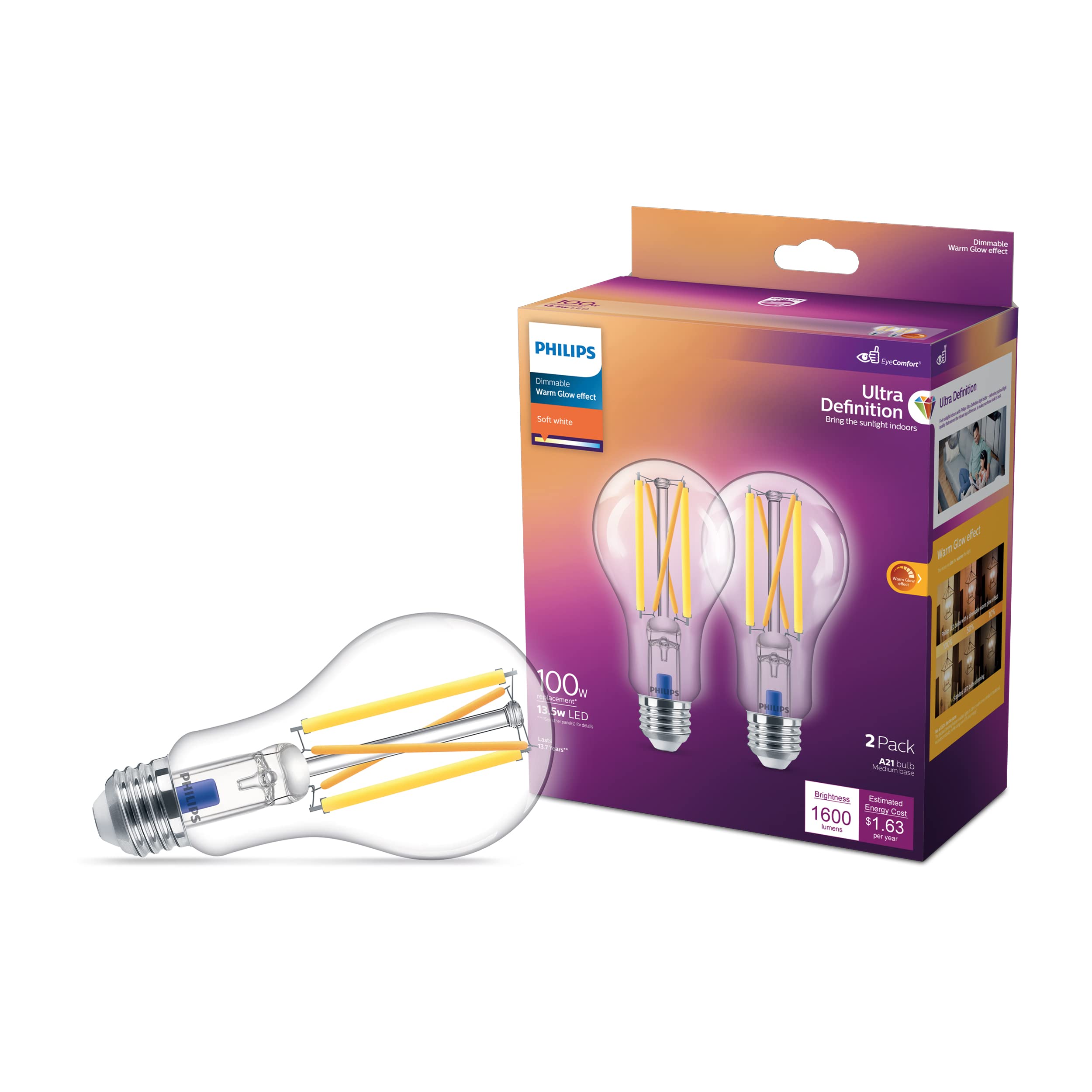 PHILIPS LED Flicker-Free Clear Dimmable A21 Light Bulb - EyeComfort Technology - 1600 Lumen – Soft White (2700K) – 13.5W=100W - E26 Base - Title 20 Certified - Ultra Definition - Indoor - 2-Pack