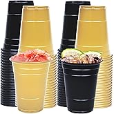 Ahongwenxi 100 Pack 16 oz Plastic Graduation Cups, Black & Gold Disposable Party Cups Bulk, Graduation Shot Cup Drinking Cup for Wedding Birthday & Festive Celebrations (Black-Gold)