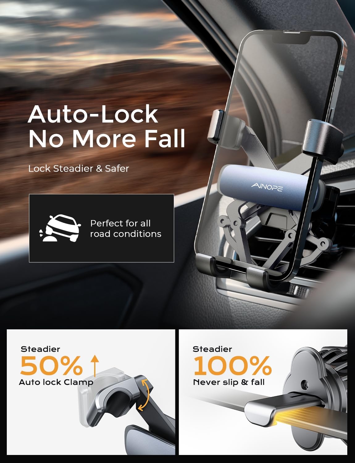 AINOPE for iPhone 17 Pro Max Car Mount Phone Holders for Your Car [Slide Design] Air Vent Phone Mount [Top Clamp] Cell Phone Holder Car Interior Accessories for iPhone Air 17 Pro Max 16 Samsung S25