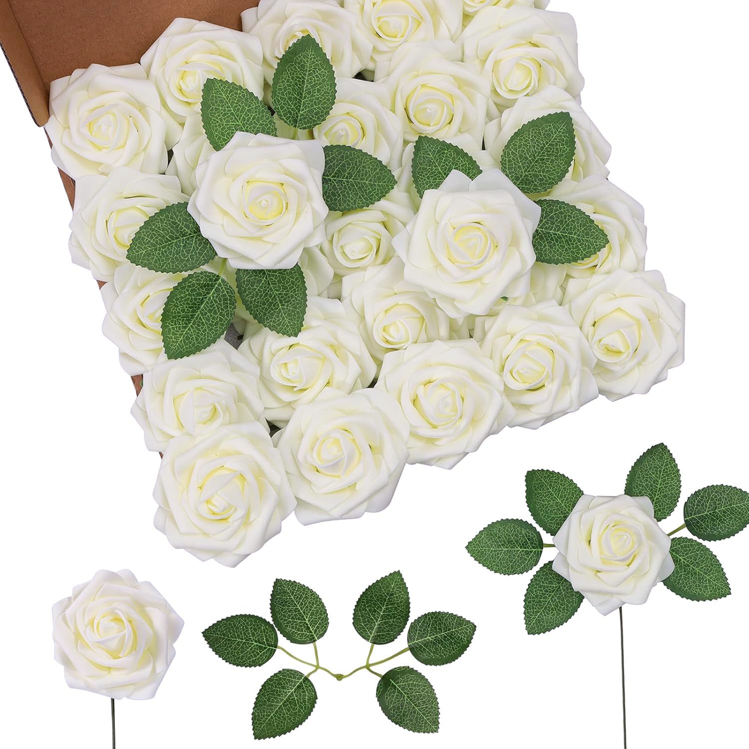DuHouse 25Pcs Artificial Roses Flowers Fake Rose with Stems Real Touch Foam Flower Head for DIY Wedding Bridal Bouquet Baby Shower Centerpiece Floral Arrangement Party Home Decor(Cream)