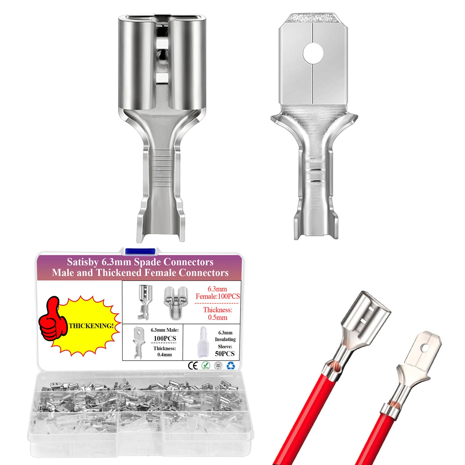Satisby 100PCS Thickening 6.3mm Female Spade Connectors and 100PCS Male Spade Terminals, Tinned Brass, Highly Conductive, with Insulation Sleeves