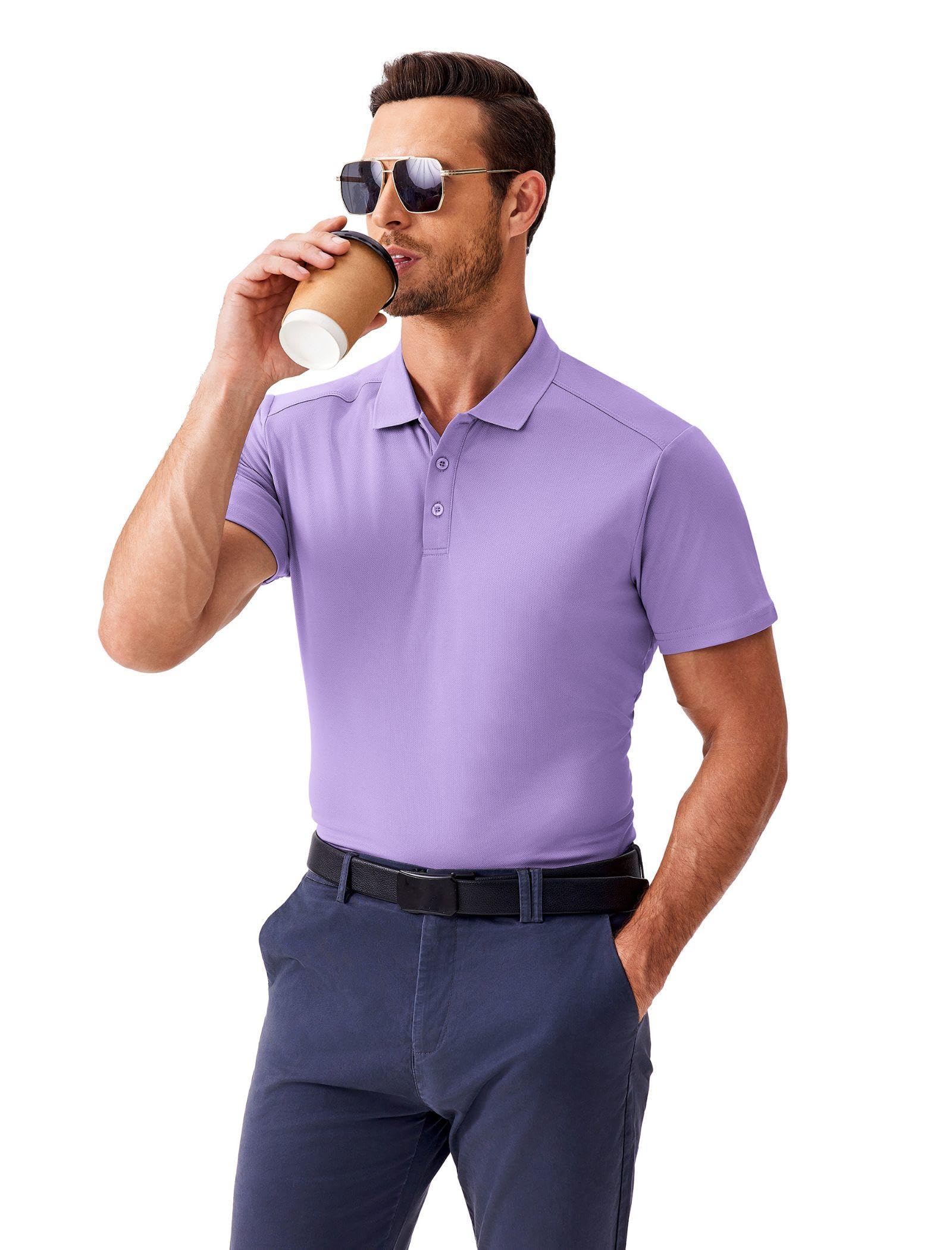 PINSPARK Golf Polo Shirts for Men Quick Dry Short Sleeve Collared Shirt Slim Fit Casual Solid Stylish Polos Shirt Purple