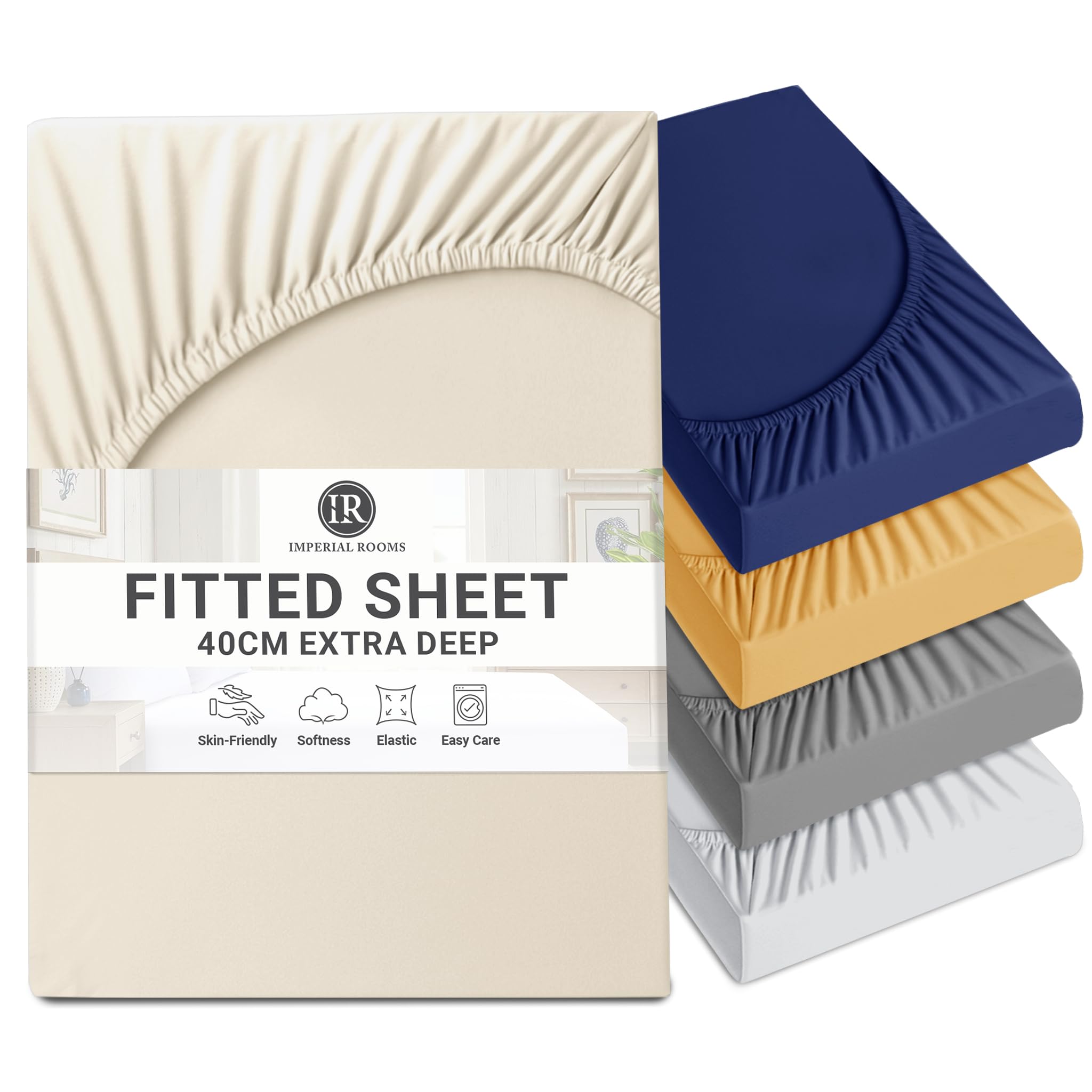 Imperial Rooms Fitted Sheet 40 Cm - Extra Deep Brushed Microfiber Bed Sheets Easy Care Soft Fitted Bed Sheet - Shrinkage and Fade Resistant (Cream, King) — image 1