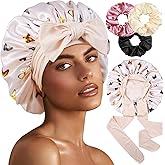 1+3 Large Satin Bonnets with Scrunchies for Women, Double Layer Hair Bonnet Tie Bonnet for Sleeping Braids Curly Hair